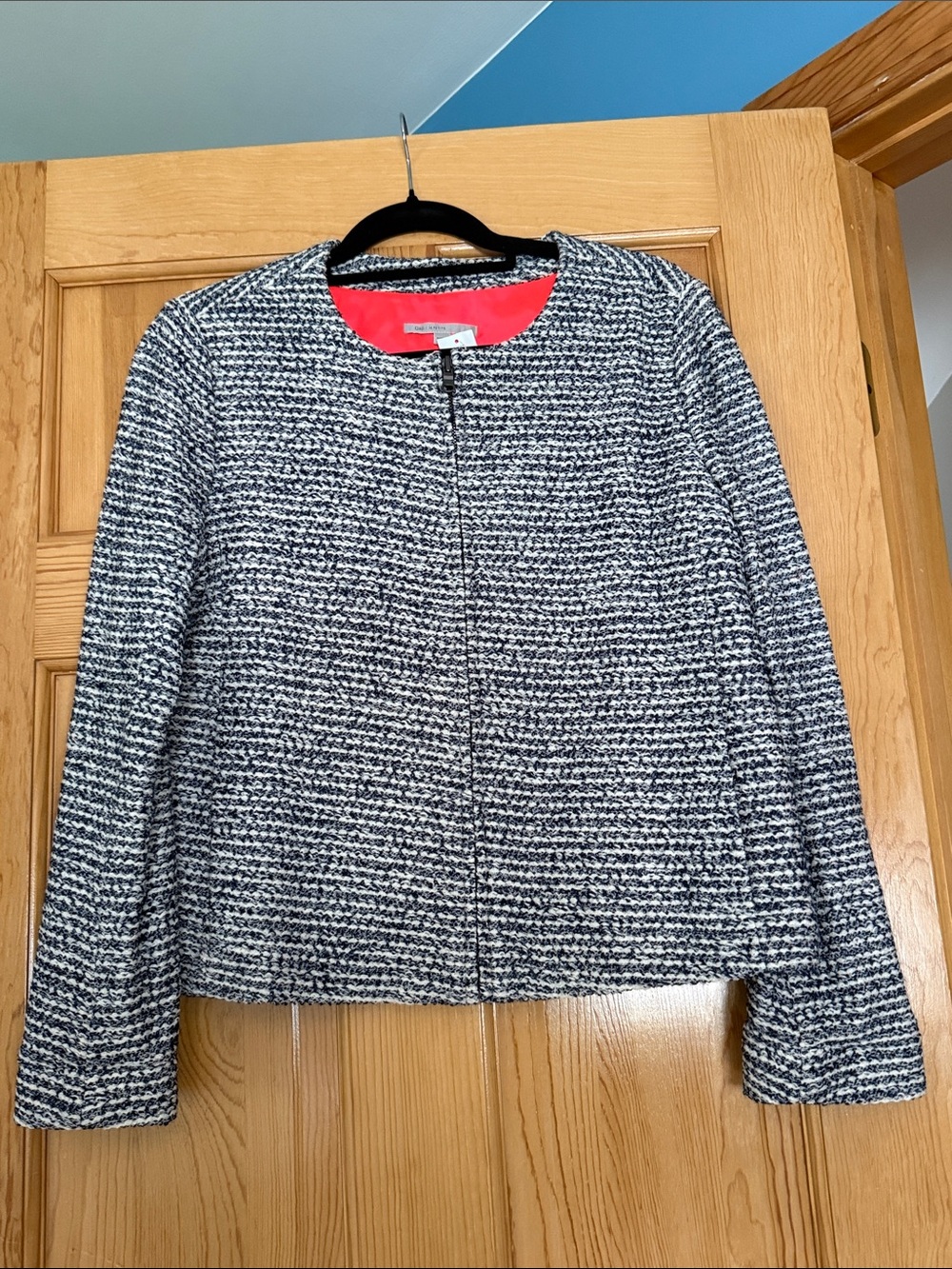 GAP Black & White Tweed Collarless Zip Jacket with Coral Lining